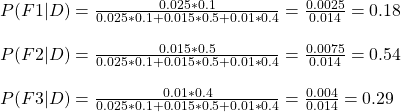 \\ P(F1|D) = \frac{0.025*0.1}{0.025*0.1 + 0.015*0.5 + 0.01*0.4}  = \frac{0.0025}{0.014} = 0.18\\ \\ P(F2|D) = \frac{0.015*0.5}{0.025*0.1 + 0.015*0.5 + 0.01*0.4}  = \frac{0.0075}{0.014} = 0.54\\ \\ P(F3|D) = \frac{0.01*0.4}{0.025*0.1 + 0.015*0.5 + 0.01*0.4}  = \frac{0.004}{0.014} = 0.29