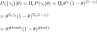 \\ P(\{\gamma_i\}|\theta) = \Pi_i P(\gamma_i|\theta) =  \Pi_i \theta^{\gamma_i} (1-\theta)^{(1-\gamma_i)}  \\ \\ = \theta^{\Sigma_i\gamma_i} (1-\theta)^{\Sigma_i(1-\gamma_i)} \\ \\ = \theta^{\#heads} (1-\theta)^{\#tails}