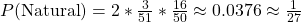 P(\text{Natural}) = 2*\frac{3}{51}*\frac{16}{50} \approx 0.0376 \approx \frac{1}{27}