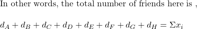 \\ \text{In other words, the total number of friends here is }, \\\\ d_A + d_B + d_C + d_D + d_E + d_F + d_G + d_H } =  \Sigma{x_i}