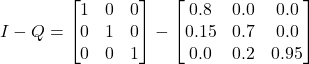 I - Q =  \begin{bmatrix} 1 & 0 & 0\\ 0 & 1 & 0\\ 0 & 0 & 1 \end{bmatrix} - \begin{bmatrix} 0.8  & 0.0 & 0.0\\ 0.15 & 0.7 & 0.0\\ 0.0  & 0.2 & 0.95 \end{bmatrix}