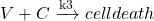 \begin{equation*}  \begin{aligned} V + C \xrightarrow{\text{k3}} cell death \\  \end{aligned} \end{equation*}