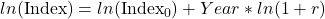 ln(\text{Index}) = ln(\text{Index}_0) + Year * ln(1 + r)