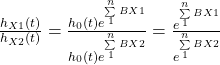 \frac{h_{X1}(t)}{h_{X2}(t)} =  \frac{h_{0}(t) e^{\sum\limits_1^n BX1}}{h_{0}(t) e^{\sum\limits_1^n BX2}} =  \frac{e^{\sum\limits_1^n BX1}}{e^{\sum\limits_1^n BX2}}