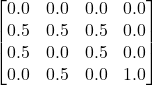 \begin{bmatrix} 0.0 & 0.0 & 0.0  & 0.0\\ 0.5 & 0.5 & 0.5  & 0.0\\ 0.5 & 0.0 & 0.5  & 0.0\\ 0.0 & 0.5 & 0.0  & 1.0 \end{bmatrix}