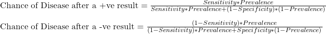 \\ \text{Chance of Disease after a +ve result} = \frac{Sensitivity *  Prevalence}{Sensitivity *  Prevalence + (1-Specificity)*(1- Prevalence)} \\ \\ \text{Chance of Disease after a -ve result} = \frac{(1- Sensitivity )*  Prevalence}{(1- Sensitivity )*  Prevalence + Specificity*(1 - Prevalence)}