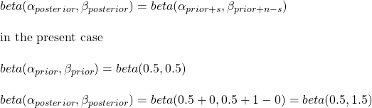 \\ beta(\alpha_{posterior}, \beta_{posterior}) = beta(\alpha_{prior + s}, \beta_{prior + n - s}) \\ \\ \text{in the present case} \\ \\ beta(\alpha_{prior}, \beta_{prior}) = beta(0.5,0.5) \\ \\ beta(\alpha_{posterior}, \beta_{posterior}) = beta(0.5 + 0, 0.5 + 1 -0 ) = beta(0.5, 1.5) \\ \\