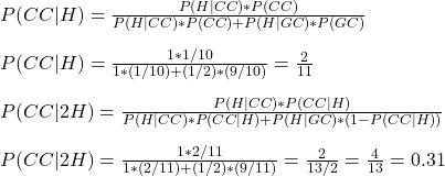 \\ P(CC|H) = \frac{P(H|CC)*P(CC)}{P(H|CC)*P(CC) + P(H|GC)*P(GC)} \\ \\ P(CC|H) = \frac{1 * 1/10}{1 *(1/10) + (1/2)*(9/10)} = \frac{2}{11}  \\ \\ P(CC|2H) = \frac{P(H|CC)*P(CC|H)}{P(H|CC)*P(CC|H) + P(H|GC)*(1-P(CC|H))} \\ \\ P(CC|2H) = \frac{1 * 2/11}{1 *(2/11) + (1/2)*(9/11)} = \frac{2}{13/2} = \frac{4}{13} = 0.31