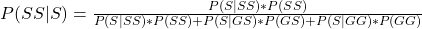 P(SS|S) = \frac{P(S|SS)*P(SS)}{P(S|SS)*P(SS) + P(S|GS)*P(GS) + P(S|GG)*P(GG)}