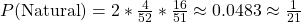 P(\text{Natural}) = 2*\frac{4}{52}*\frac{16}{51} \approx 0.0483 \approx \frac{1}{21}