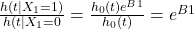 \frac{h(t|X_1=1)}{h(t|X_1=0} = \frac{h_0(t) e^{B1}}{h_0(t)} = e^{B1}