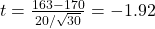 t = \frac{163 - 170}{20/\sqrt{30}} = -1.92