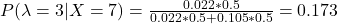 \\ P(\lambda = 3|X = 7) = \frac{0.022 * 0.5}{0.022 * 0.5 + 0.105 * 0.5} = 0.173